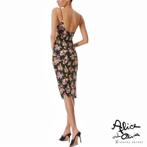alice + olivia **NWT** Delora Black Magnolia Floral Print Fitted  Midi D… - Picture 4 of 13